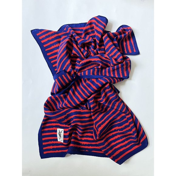 YSL Yves Saint Laurent Silk Striped Scarf Orange Blue - Picture 2 of 5